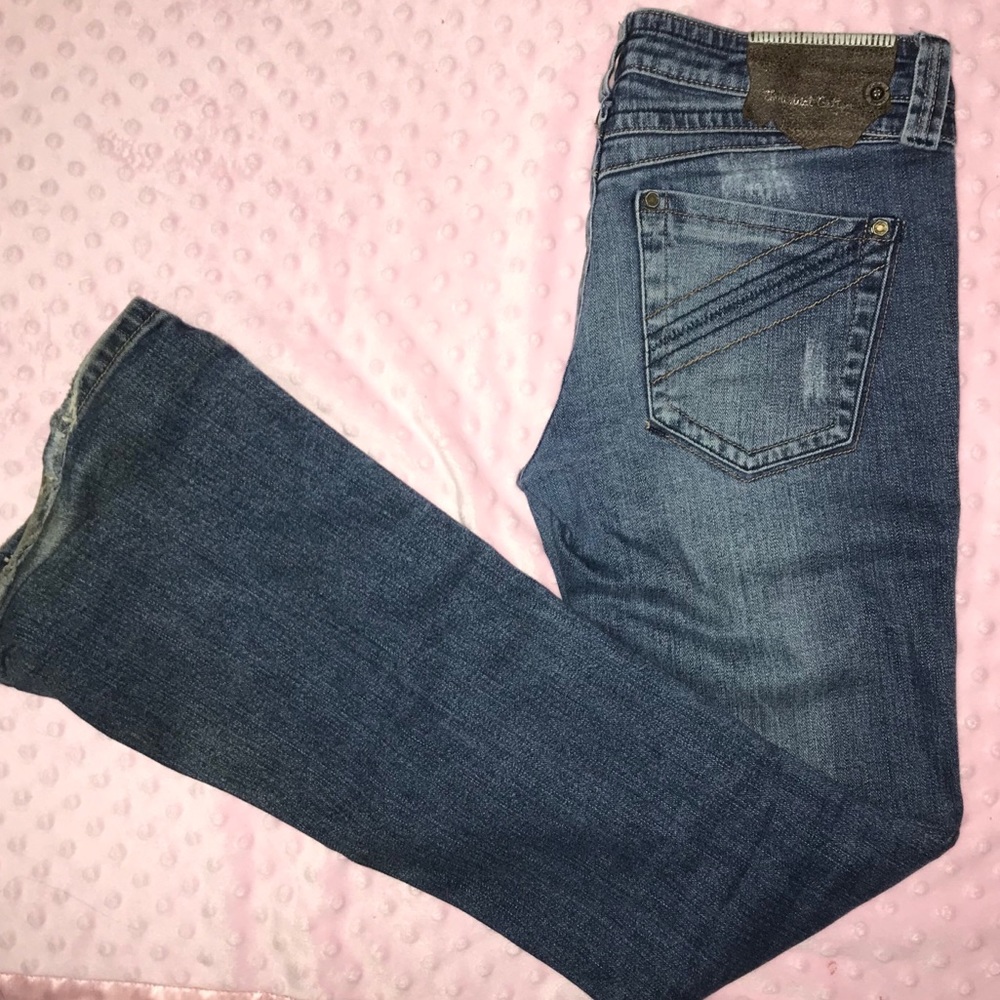 industrial cotton dark wash distressed flare jeans